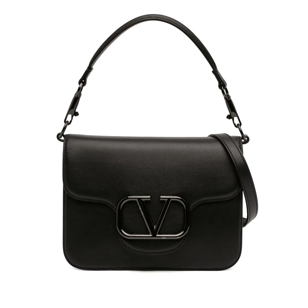 Valentino Calfskin Logo Flap Satchel Black Leather Very good - Front View