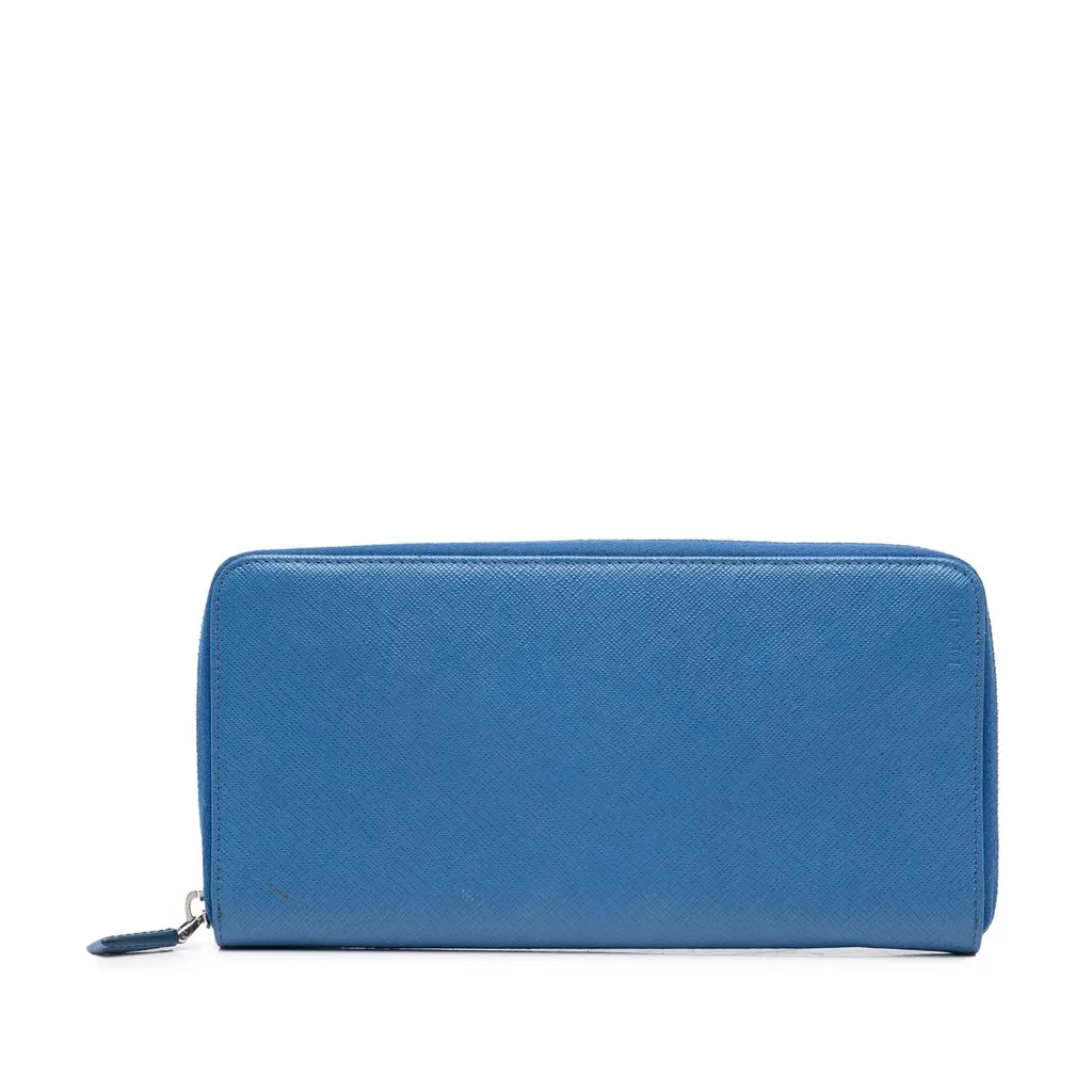 Prada Saffiano Zip Around Travel Organizer Wallet Blue Leather Very good - Front View