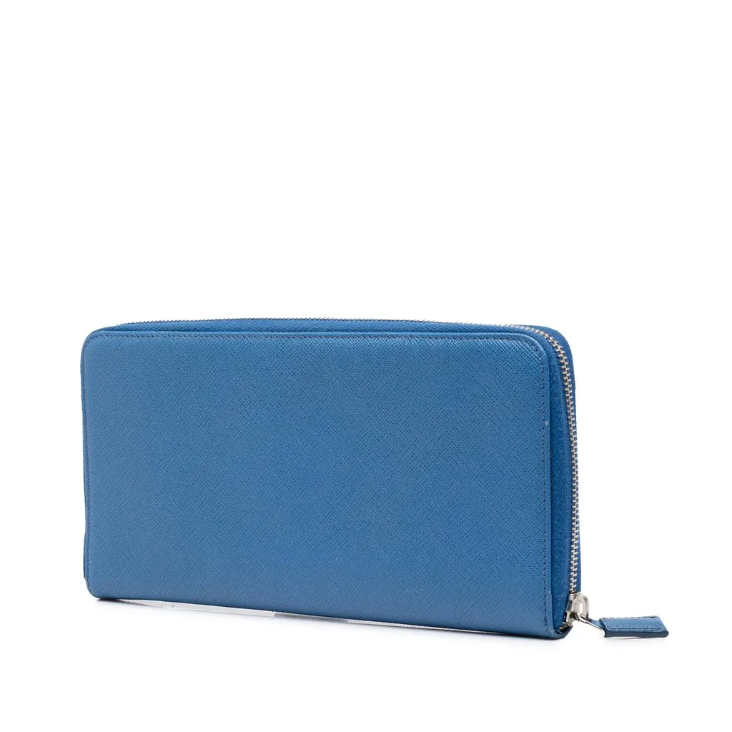 Prada Saffiano Zip Around Travel Organizer Wallet Blue Leather Very good - Back View