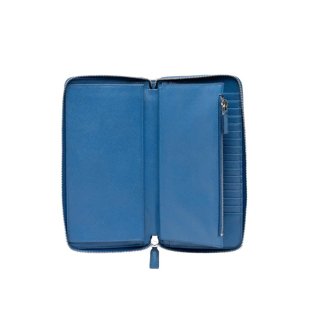 Prada Saffiano Zip Around Travel Organizer Wallet Blue Leather Very good - Model View