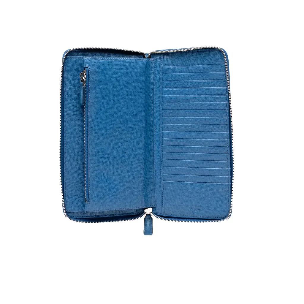 Prada Saffiano Zip Around Travel Organizer Wallet Blue Leather Very good - Box View