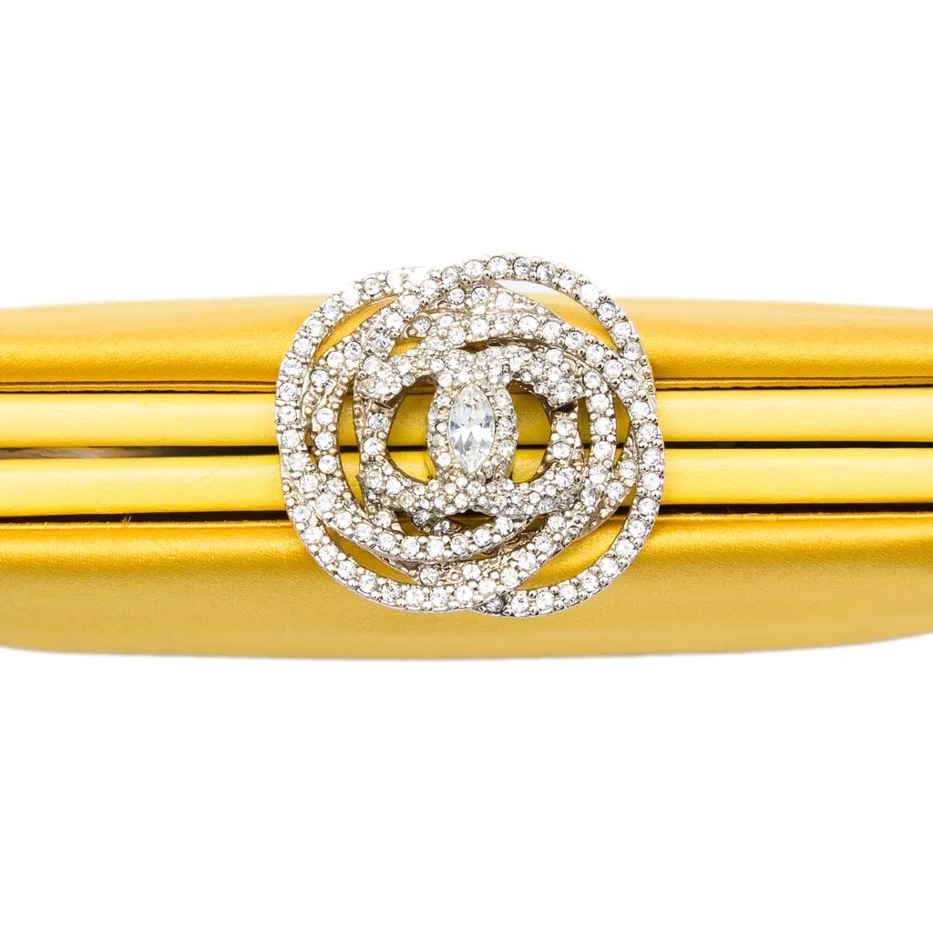 Chanel Satin Crystal Camellia Evening Frame Clutch Yellow Very good - Box View