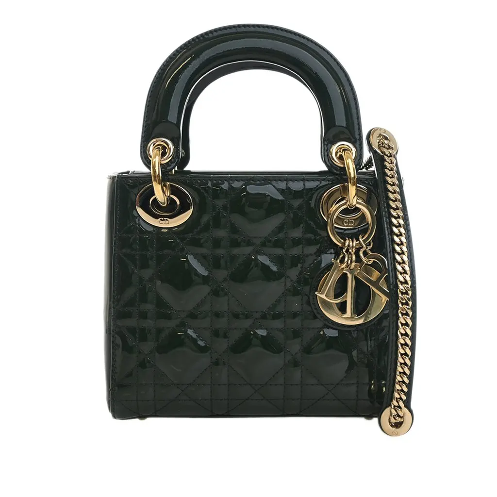 Dior Mini Patent Cannage Lady Dior Green Leather Very good - Front View
