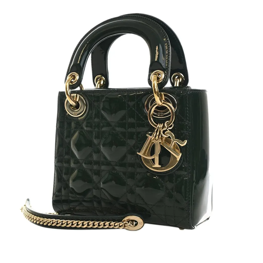 Dior Mini Patent Cannage Lady Dior Green Leather Very good - Back View