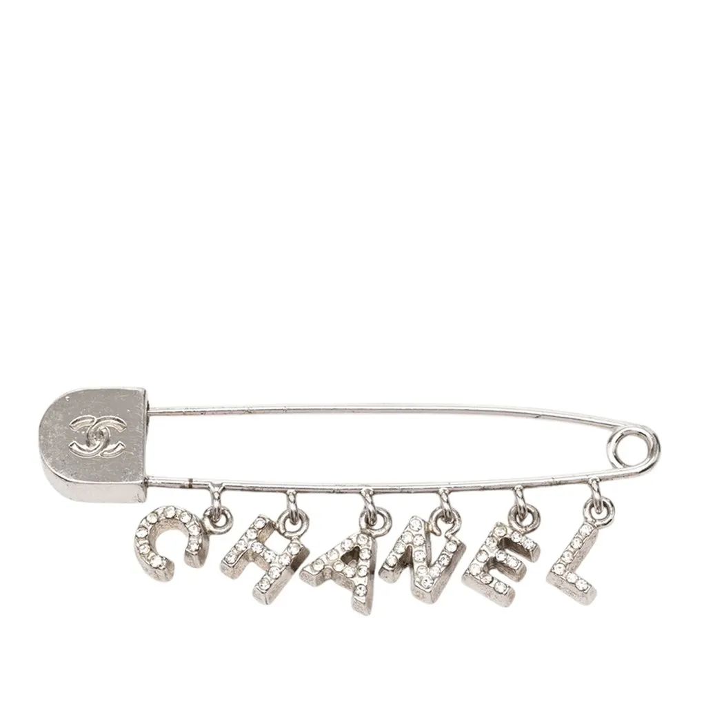 Chanel Brass and Strass Logo Letter Safety Pin Brooch Silver Metal Very good - Front View