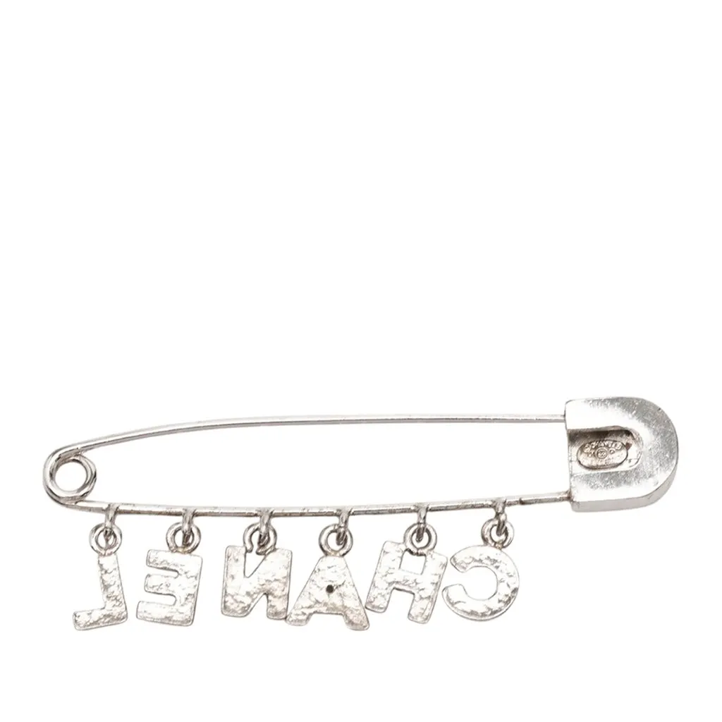 Chanel Brass and Strass Logo Letter Safety Pin Brooch Silver Metal Very good - Back View