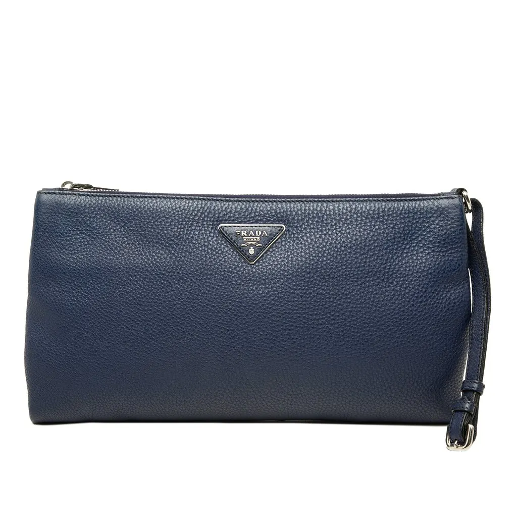 Prada Vitello Daino Clutch Blue Leather Very good - Front View