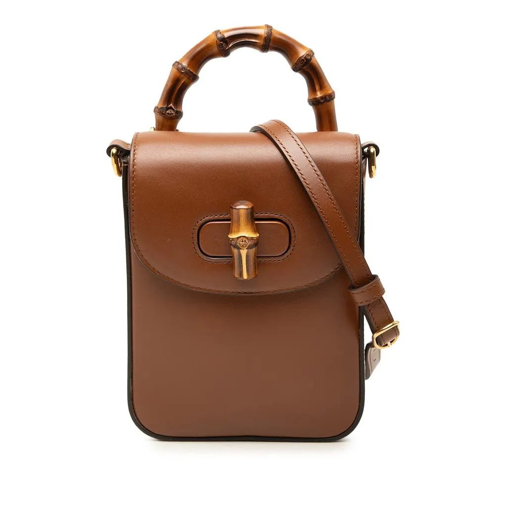 Gucci Mini Calfskin Bamboo Top Handle Bag Brown Leather Very good - Front View