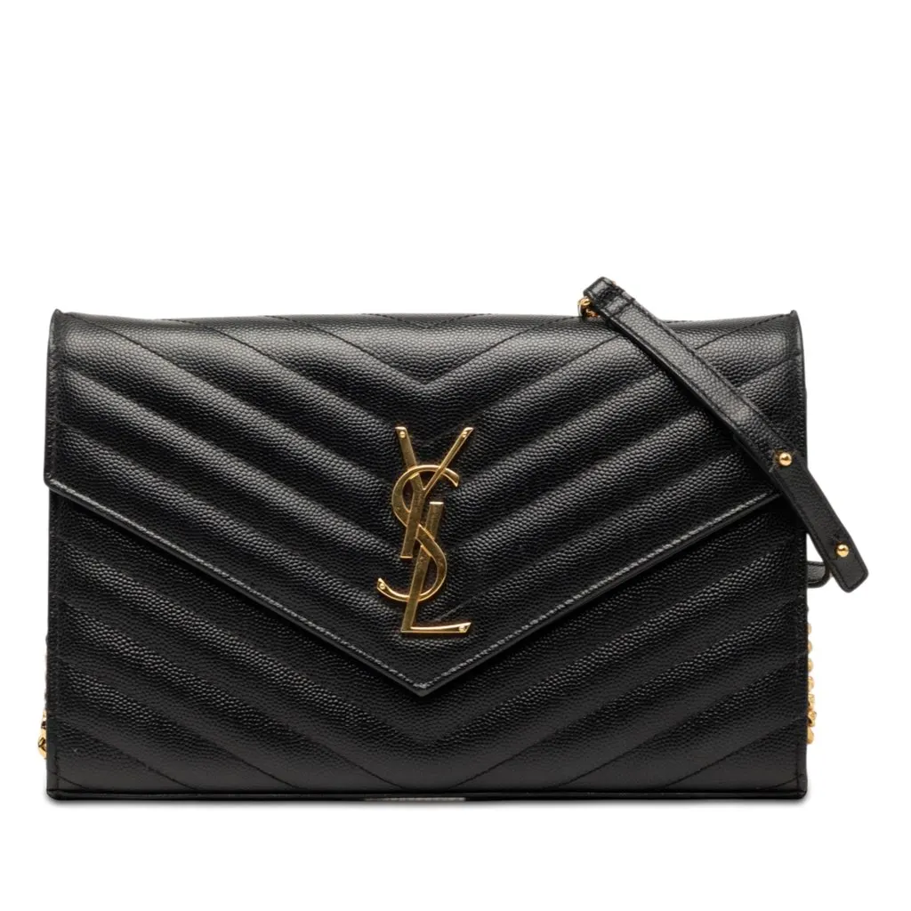 Saint Laurent Grain De Poudre Chevron Cassandre Envelope Chain Wallet Black Leather Good - Front View