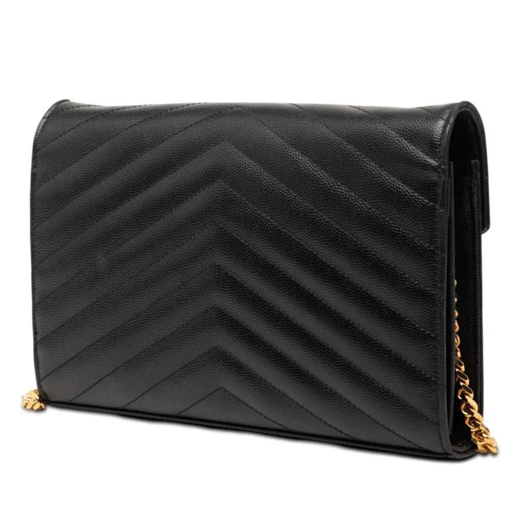 Saint Laurent Grain De Poudre Chevron Cassandre Envelope Chain Wallet Black Leather Good - Back View