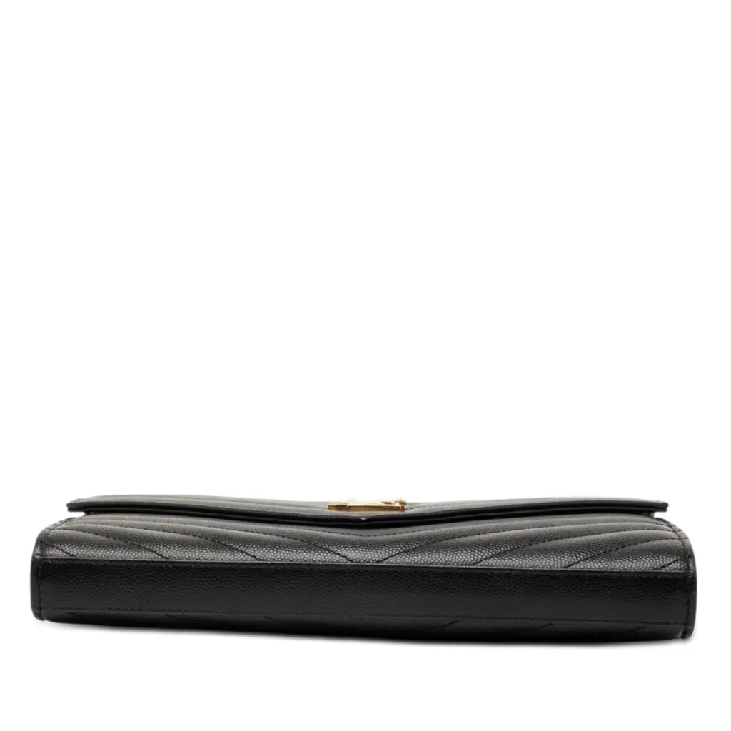 Saint Laurent Grain De Poudre Chevron Cassandre Envelope Chain Wallet Black Leather Good - Inside View