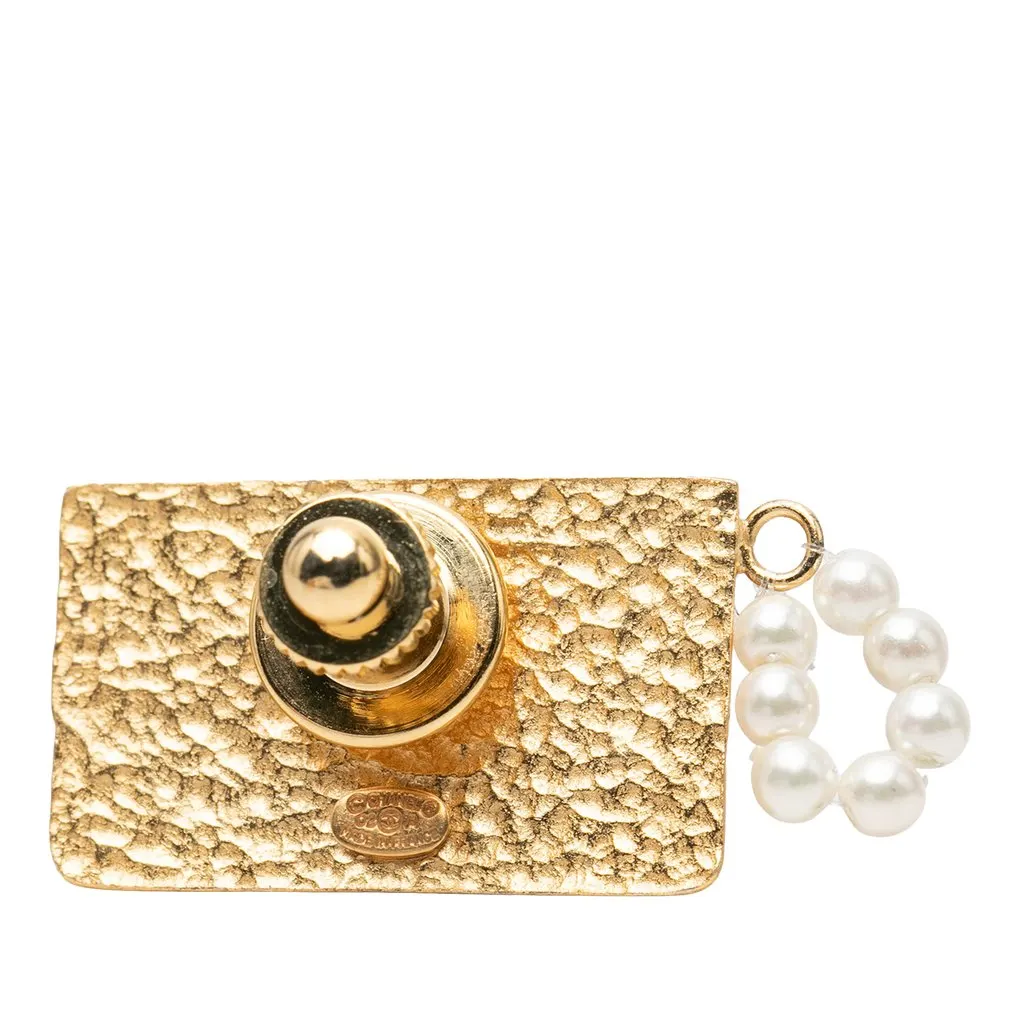 Chanel CC Gold Plated Choco Bar Enamel and Faux Pearl Flap Bag Brooch Gold Metal Very good - Inside View