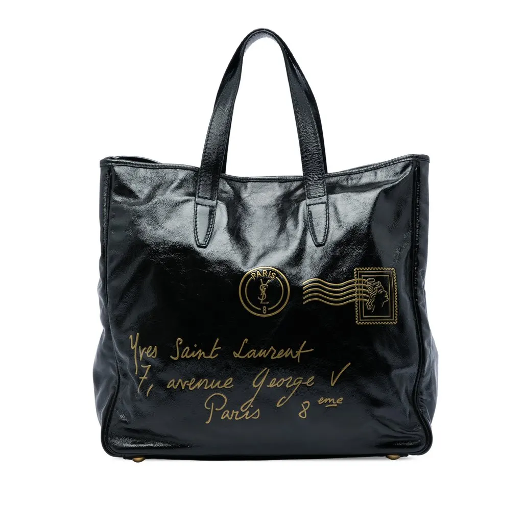 Saint Laurent Large Textured Patent Y Mail Tote Black Leather Very good - Front View