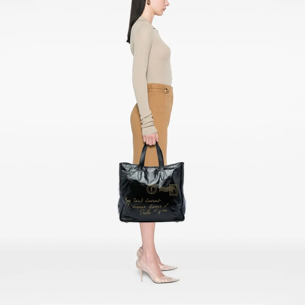 Saint Laurent Large Textured Patent Y Mail Tote Black Leather Very good - Box View