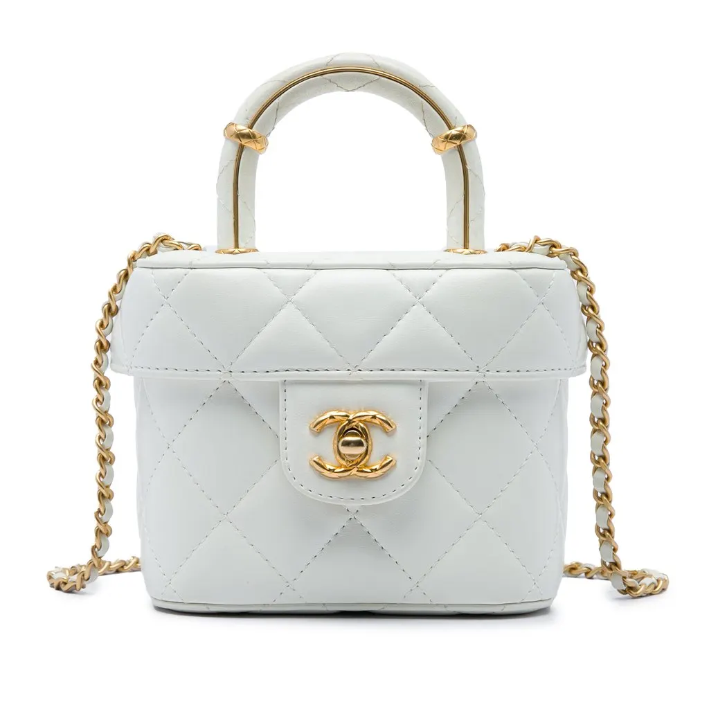 Chanel Mini CC Quilted Lambskin Vanity Top Handle Cosmetic Case White Leather Very good - Front View