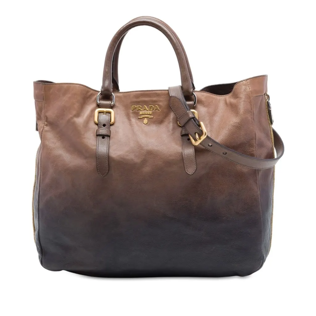 Prada Ombre Vitello Daino Side Zip Convertible Tote Brown Leather Very good - Front View