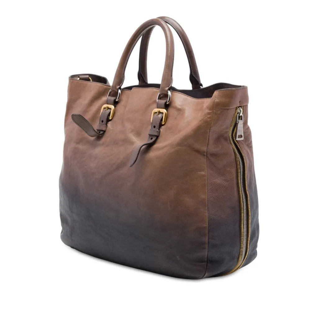 Prada Ombre Vitello Daino Side Zip Convertible Tote Brown Leather Very good - Back View
