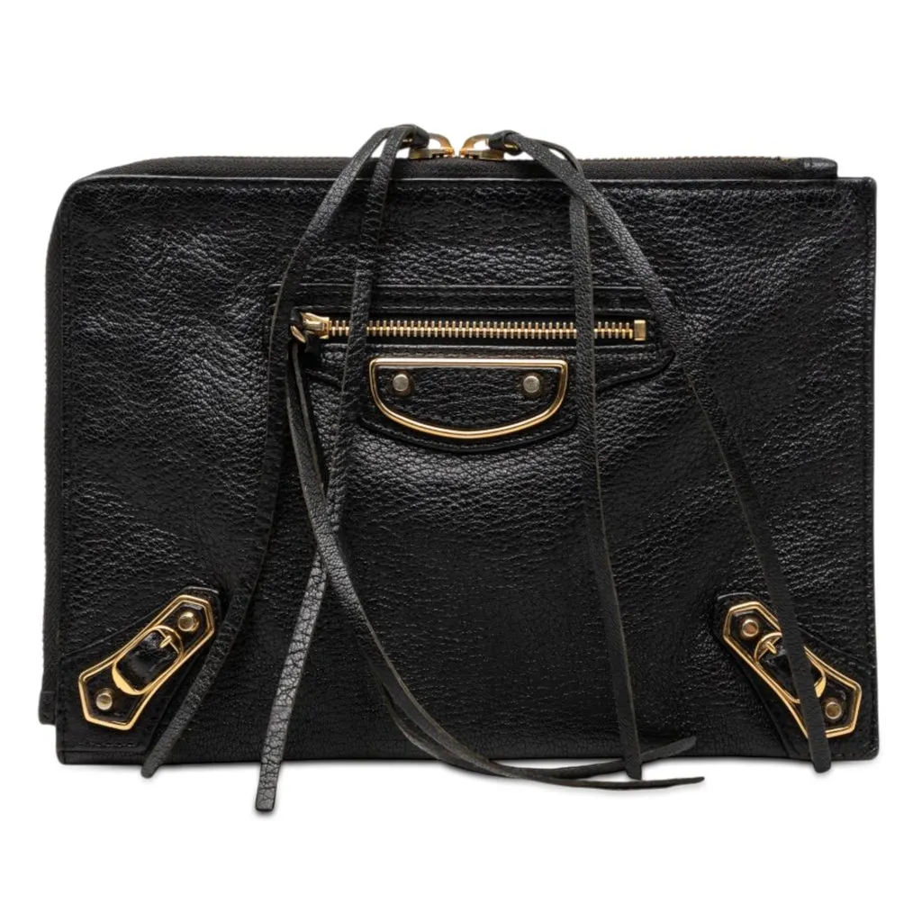 Balenciaga Goatskin Motocross Classic Metallic Edge Clutch Black Leather Very good - Front View
