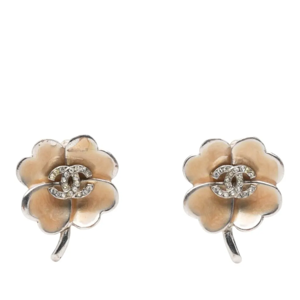 Chanel CC Brass Enamel and Strass Clover Clip On Earrings Silver Brass Very good - Front View