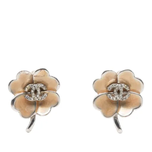 Chanel CC Brass إينامل و Strass Clover مشبك على أقراط