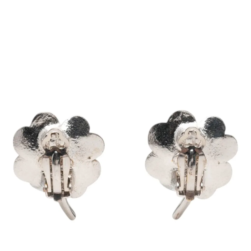 Chanel CC Brass Enamel and Strass Clover Clip On Earrings Silver Brass Very good - Back View