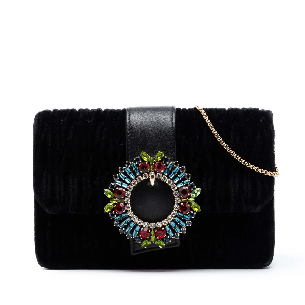 Miu Miu Matelasse Velvet Crystal Embellished Crossbody Black Very good - Front View