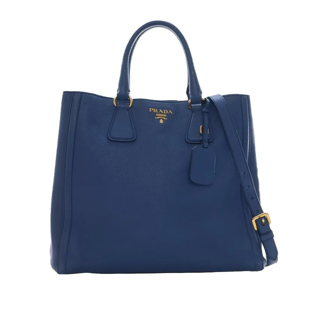 Prada Vitello Daino Open Convertible Tote Blue Leather Very good - Front View