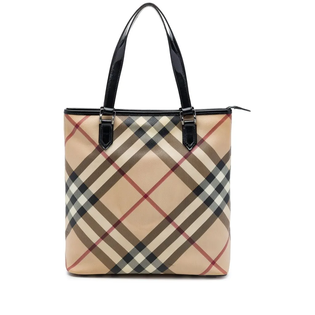 Burberry Supernova Check Coated Canvas Tote Beige Canvas Good - Front View
