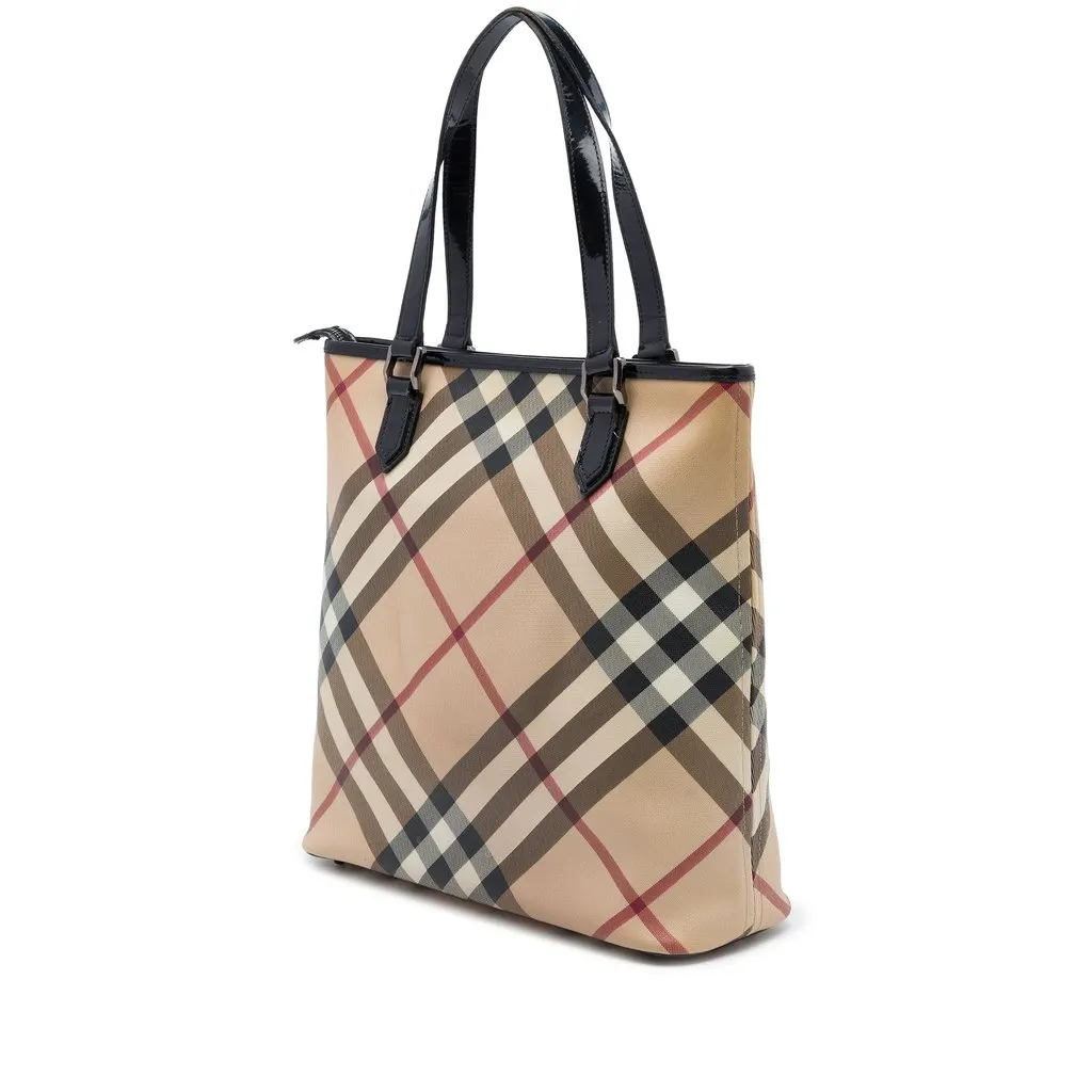 Burberry Supernova Check Coated Canvas Tote Beige Canvas Good - Back View