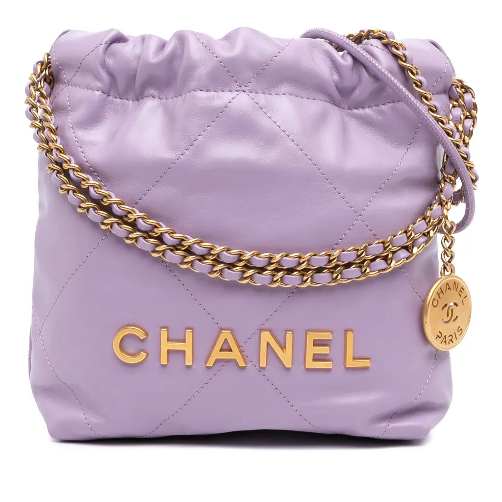 Chanel Mini Shiny Calfskin 22 Handbag Purple Leather Very good - Front View