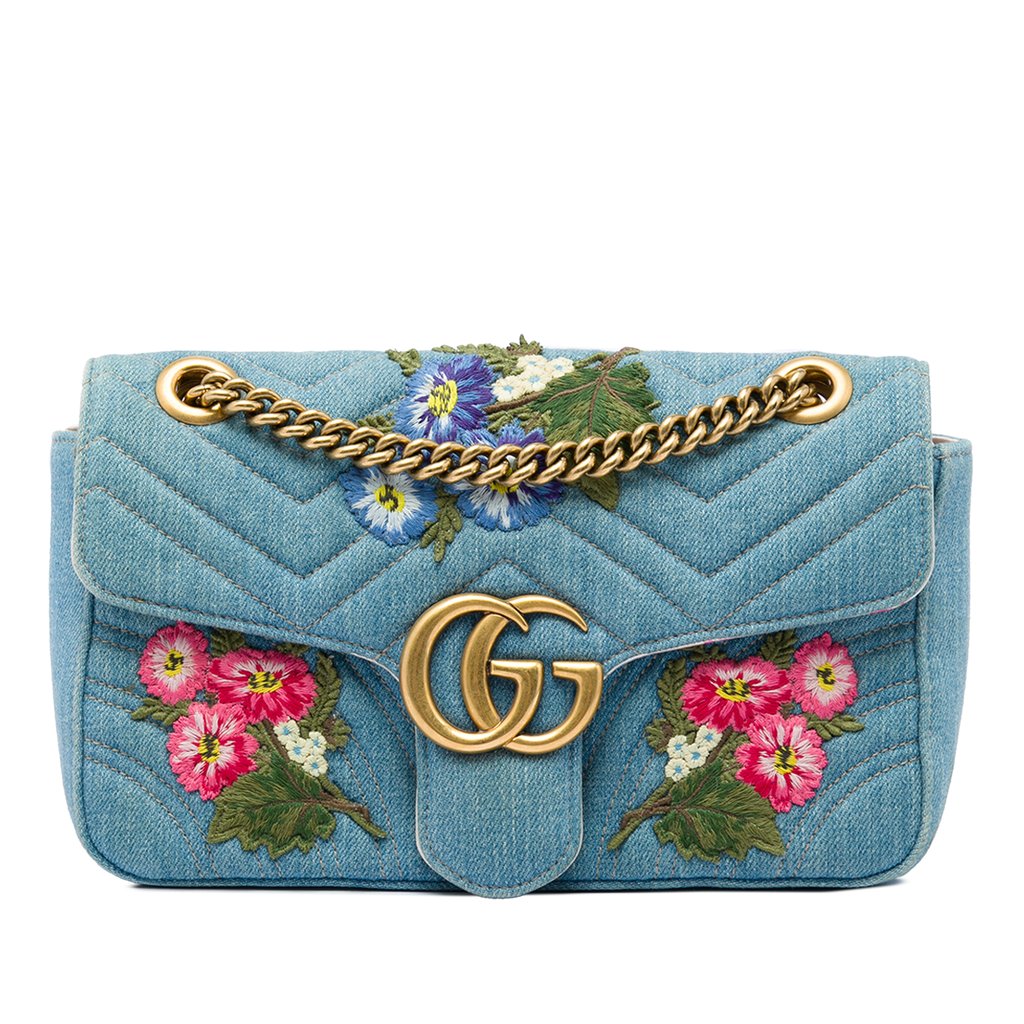 Gucci Medium GG Marmont Matelasse Denim Floral Embroidered S