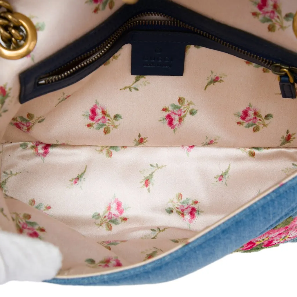 Gucci Medium GG Marmont Matelasse Denim Floral Embroidered Shoulder Bag Blue Denim Very good - Model View