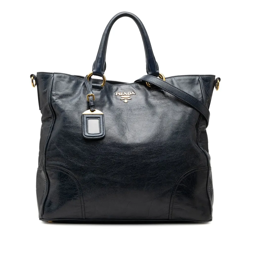 Prada Vitello Shine Open Convertible Tote Blue Leather Very good - Front View