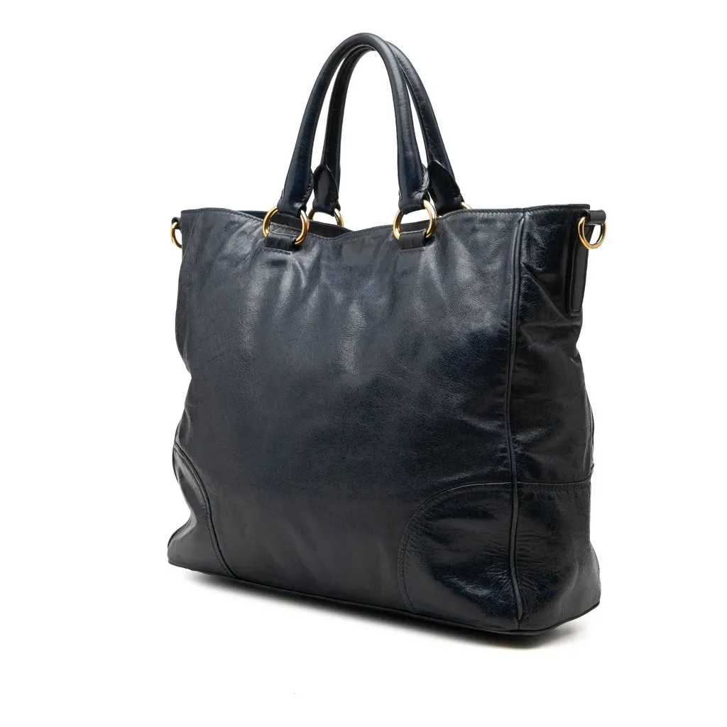 Prada Vitello Shine Open Convertible Tote Blue Leather Very good - Back View
