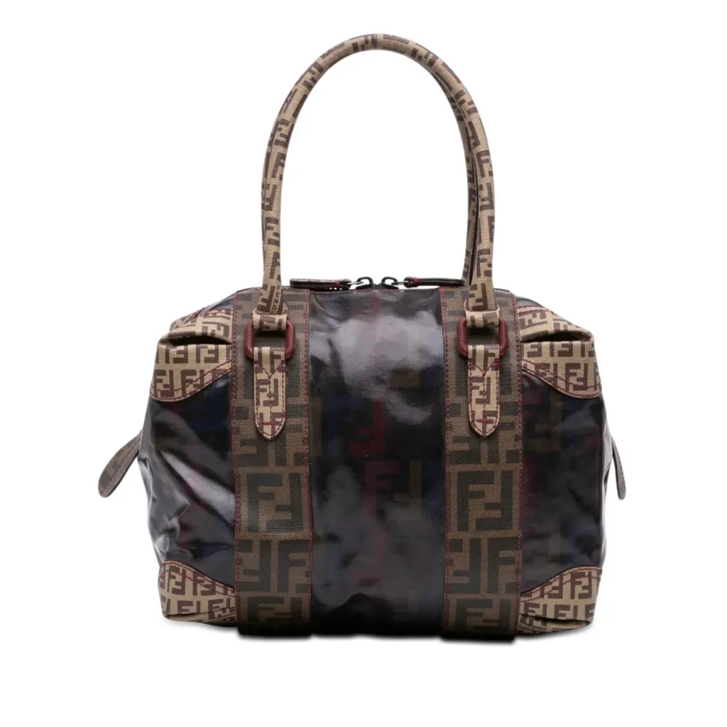 Fendi Zucca Trimmed Coated Canvas Mixed Media Boston Bag Brown Very good - Front View