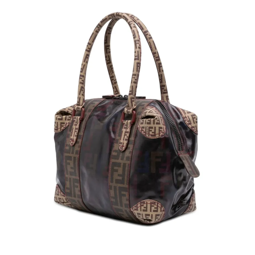 Fendi Zucca Trimmed Coated Canvas Mixed Media Boston Bag Brown Very good - Back View