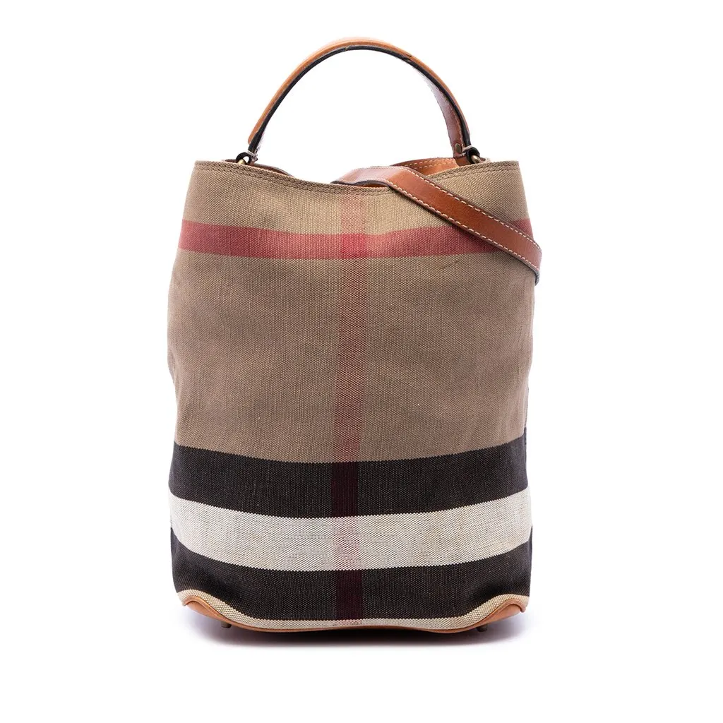 Burberry Medium Mega Check Canvas Ashby Bucket Bag Brown Good - Front View