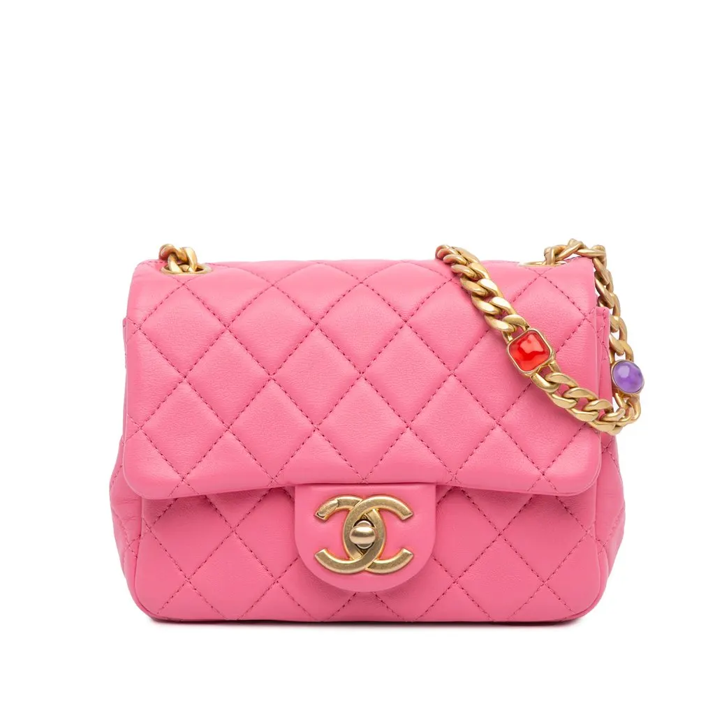 Chanel Mini Square Lambskin Pearl Samba Flap Pink Leather Very good - Front View