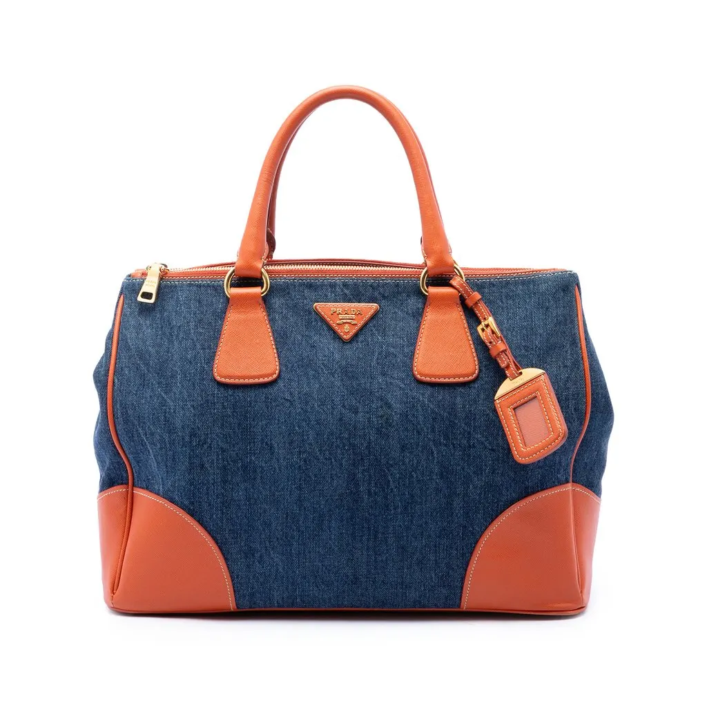 Prada Saffiano Trimmed Denim Handbag Blue Denim Very good - Front View
