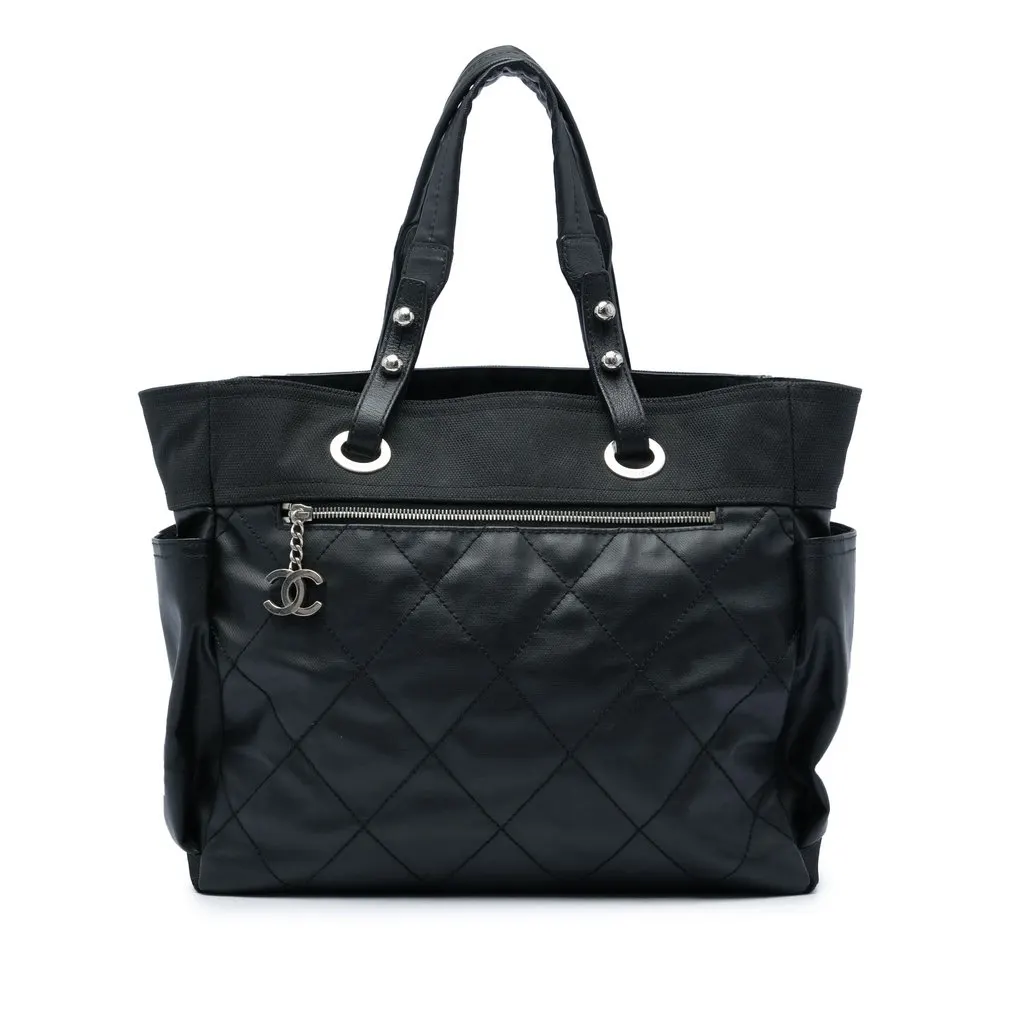 Chanel Paris Biarritz Large Quilted Coated Canvas and Nylon Tote Black Very good - Front View