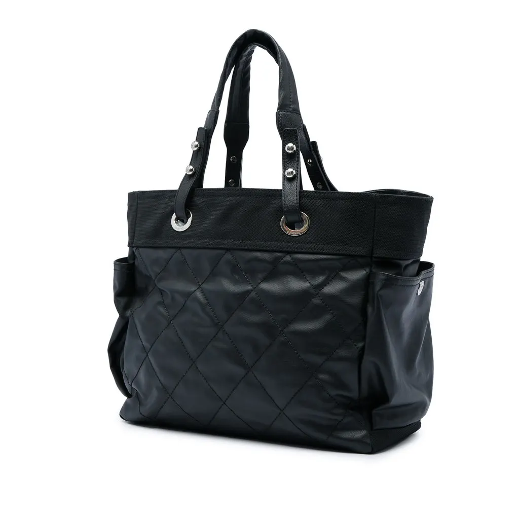 Chanel Paris Biarritz Large Quilted Coated Canvas and Nylon Tote Black Very good - Back View