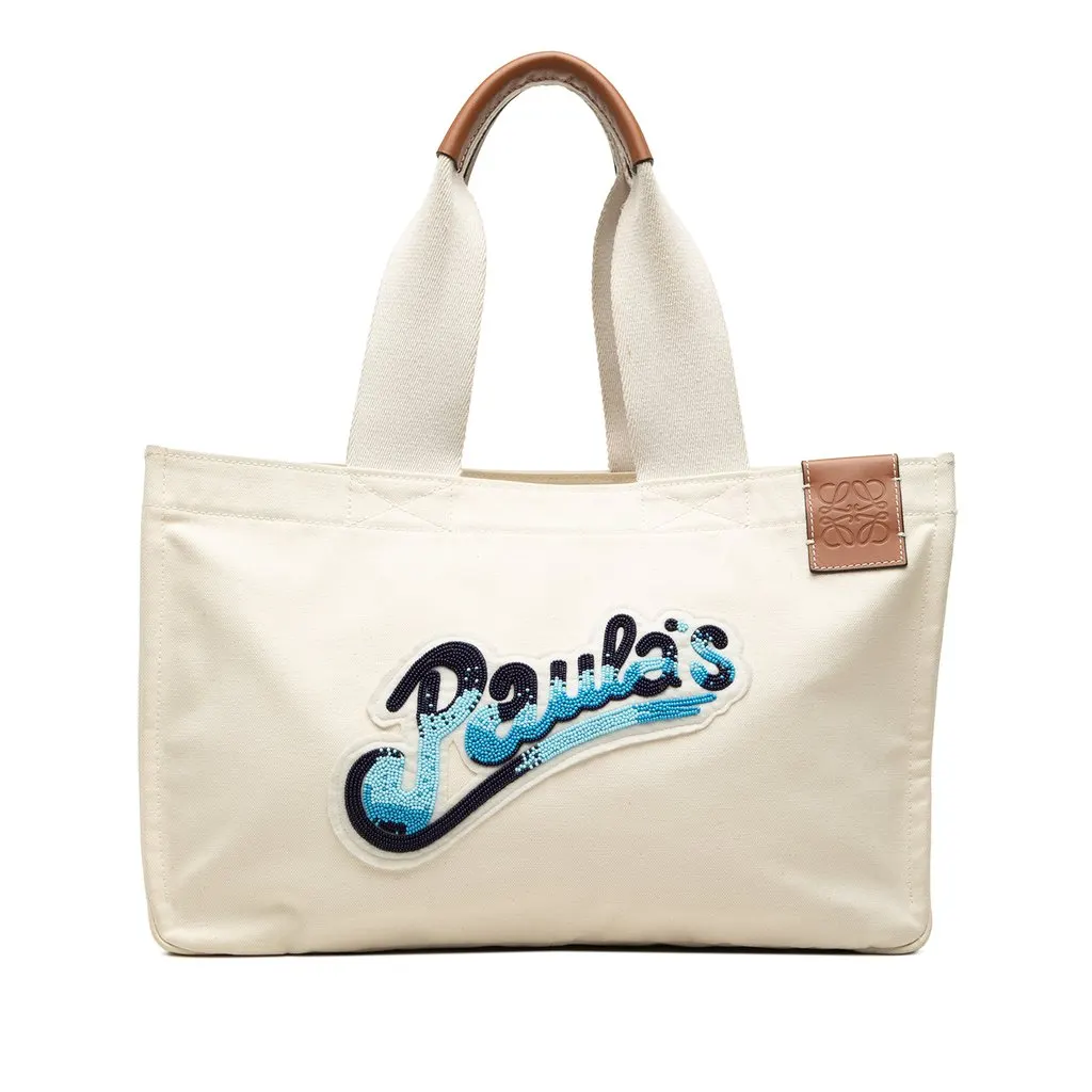 Loewe Paulas Ibiza Canvas Beach Cabas Tote White Canvas Good - Front View