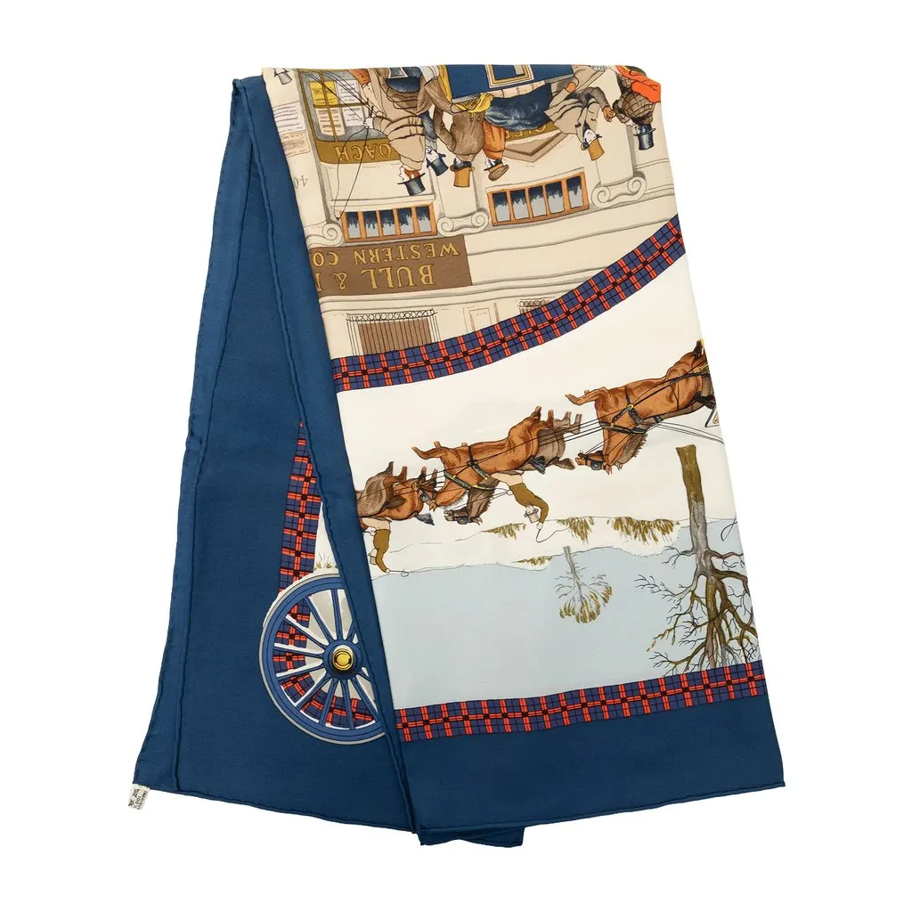 Hermès L Hiver En Poste Silk Scarf 90 Blue Silk Very good - Front View