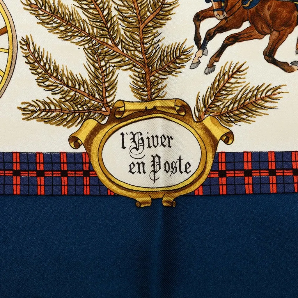 Hermès L Hiver En Poste Silk Scarf 90 Blue Silk Very good - Model View