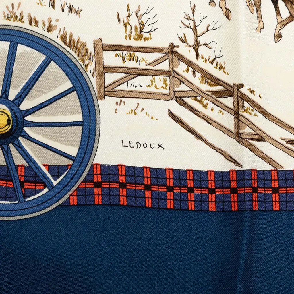 Hermès L Hiver En Poste Silk Scarf 90 Blue Silk Very good - Box View