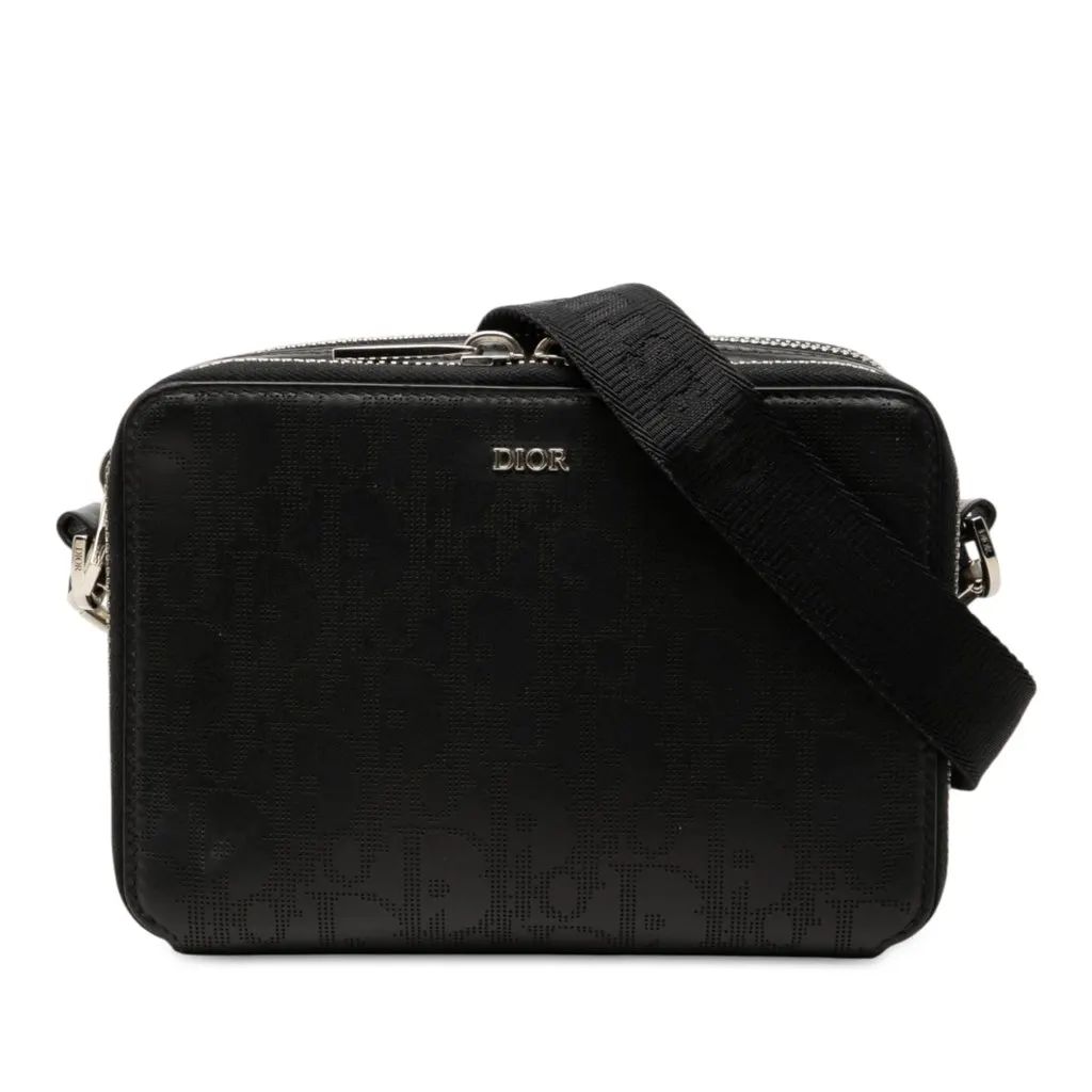 Dior Oblique Perforated Calfskin Galaxy Pouch with Strap Black Leather Very good - Front View