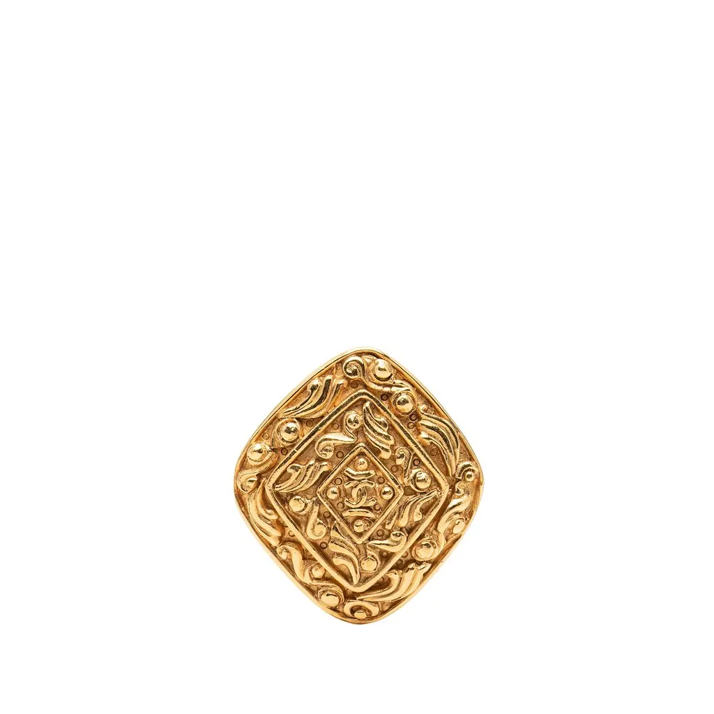 Chanel CC Gold Plated Diamond Engraved Brooch Gold Metal Very good - Front View