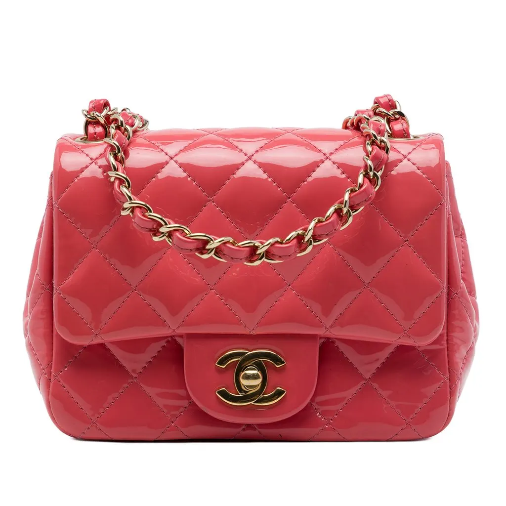 Chanel Mini Square Classic Patent Single Flap Pink Leather Very good - Front View