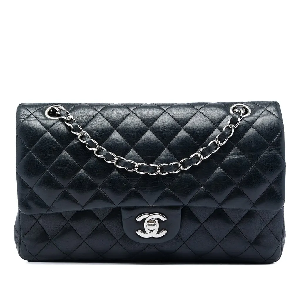 Chanel Medium Classic Lambskin Double Flap Black Leather Very good - Front View