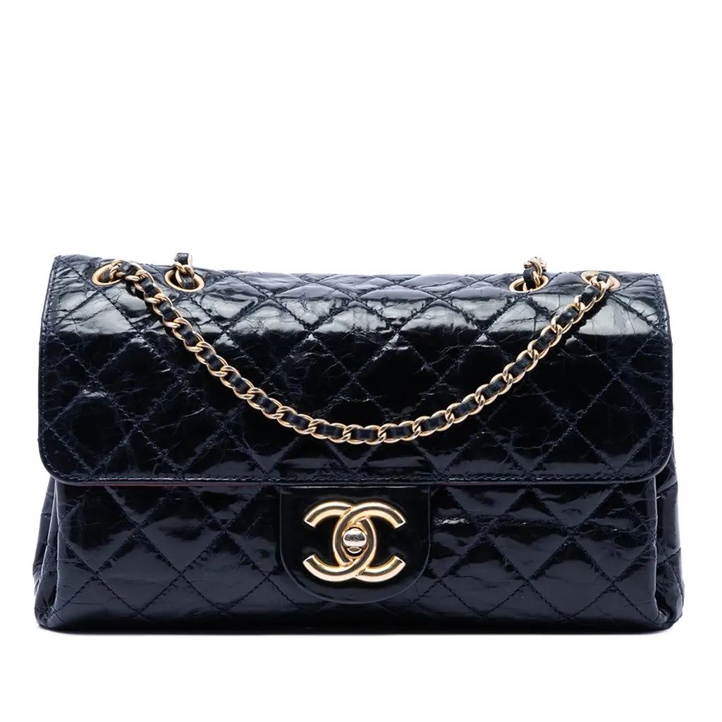 Chanel CC Quilted Aged Glazed Calfskin Accordion Flap Blue Leather Very good - Front View